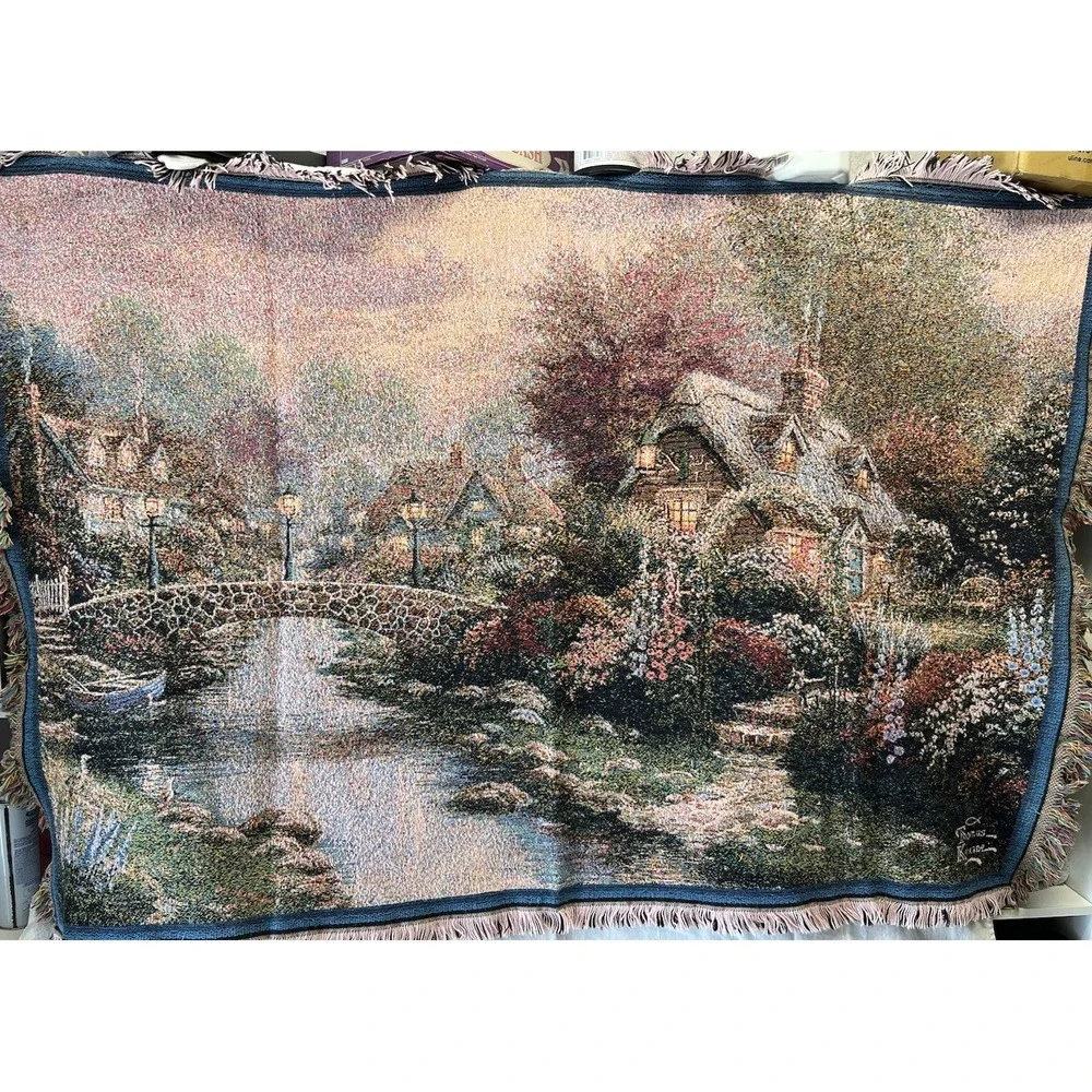 Thomas Kinkade Tapestry Throw Blanket Painter of Light Bridge Cottage  62x42